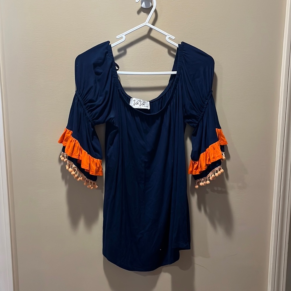 Navy & Orange VAVA by Joy Han Small Blouse Ruffle Bell Sleeves Off-the-Shoulder